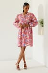 Buy_Sage Saga_Coral Linen Printed Sage Mandarin Collar Sophia Yoked Dress _at_Aza_Fashions