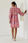 Shop_Sage Saga_Coral Linen Printed Sage Mandarin Collar Sophia Yoked Dress _at_Aza_Fashions