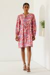 Sage Saga_Coral Linen Printed Sage Mandarin Collar Sophia Yoked Dress _Online_at_Aza_Fashions