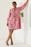 Buy_Sage Saga_Coral Linen Printed Sage Mandarin Collar Sophia Yoked Dress _Online_at_Aza_Fashions