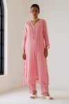 Buy_Sage Saga_Coral Linen Woven Stripe Kurta V-neck Sophia Tasselled Palazzo Set _at_Aza_Fashions