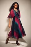 Shop_Whimsical By Shica_Multi Color Organza Satin Printed Stroke U Neck Cape Dress _at_Aza_Fashions