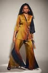 Buy_Whimsical By Shica_Yellow Organza Satin Printed Stroke V-neck Kimono With Pant _at_Aza_Fashions