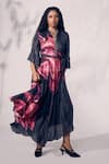 Shop_Whimsical By Shica_Black Organza Satin Printed Chrysanthemum Asymmetric Hand Embroidered Dress _at_Aza_Fashions