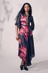 Whimsical By Shica_Black Organza Satin Printed Chrysanthemum Asymmetric Hand Embroidered Dress _Online_at_Aza_Fashions