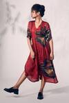 Whimsical By Shica_Red Organza Satin Printed Chrysanthemum Flower V-neck Shirt Dress _Online_at_Aza_Fashions