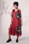 Buy_Whimsical By Shica_Red Organza Satin Printed Chrysanthemum Flower V-neck Shirt Dress _Online_at_Aza_Fashions