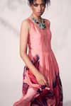 Whimsical By Shica_Pink Organza Satin Printed Chrysanthemum Flower Round Layered Dress _Online_at_Aza_Fashions