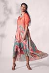 Shop_Whimsical By Shica_Orange Organza Satin Printed Chrysanthemum Flower V-neck Asymmetric Dress _at_Aza_Fashions