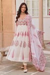 Shop_KARAJ JAIPUR_White Dobby Cotton Print Gul Sweetheart Neck Handblock Anarkali Set _Online_at_Aza_Fashions