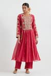 Buy_Ikshita Choudhary_Red Light Chanderi Hand Embroidered Gota Round Anarkali With Pant _at_Aza_Fashions