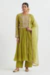 Buy_Ikshita Choudhary_Green Kurta And Pant Light Chanderi Hand Embroidered Gota Round Anarkali Set _at_Aza_Fashions