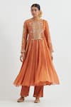 Buy_Ikshita Choudhary_Orange Light Chanderi Hand Embroidered Gota Round Yoke Anarkali With Pant _at_Aza_Fashions