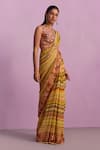 Buy_Kalista_Cream Viscose Silk Print Flora Vine Plunging V Neck Zoyah Saree With Blouse _at_Aza_Fashions