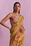 Kalista_Cream Viscose Silk Print Flora Vine Plunging V Neck Zoyah Saree With Blouse _Online_at_Aza_Fashions