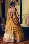 Shop_Aditi Gupta_Yellow Silk Organza Jacquard Banarasi Embroidered Asymmetric Bridal Lehenga Set _at_Aza_Fashions