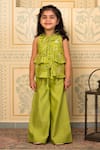 Mini Trails_Green Cotton Silk Embroidered Floral Frill Detailed Top With Pant _Online_at_Aza_Fashions