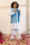 Mini Trails_Blue Cotton Floral Embroidered Bundi With Kurta Set _Online_at_Aza_Fashions