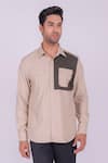 Shop_DESIGN O STITCH_Beige Soft Cotton Embroidery Patchwork Flap Pocket Shirt _at_Aza_Fashions