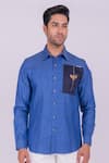 Shop_DESIGN O STITCH_Blue Cotton Linen Embroidery Patchwork Bird Shirt _Online_at_Aza_Fashions