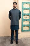 Buy_DESIGN O STITCH_Blue Soft Suiting Embroidery Geometric Bundi Kurta Set _Online_at_Aza_Fashions