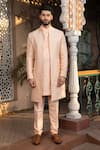 Buy_DESIGN O STITCH_Peach Brocade Embroidery Heritage Elephant Bloomy Sherwani Jacket Pant Set _at_Aza_Fashions