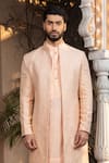 Shop_DESIGN O STITCH_Peach Brocade Embroidery Heritage Elephant Bloomy Sherwani Jacket Pant Set _Online_at_Aza_Fashions