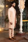 DESIGN O STITCH_Peach Brocade Embroidery Heritage Elephant Bloomy Sherwani Jacket Pant Set _at_Aza_Fashions