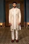 Buy_DESIGN O STITCH_Ivory Silk Applique Floral Sherwani Jacket Pant Set _at_Aza_Fashions