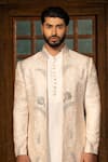 DESIGN O STITCH_Ivory Silk Applique Floral Sherwani Jacket Pant Set _Online_at_Aza_Fashions