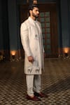 Shop_DESIGN O STITCH_Ivory Silk Applique Floral Sherwani Jacket Pant Set _Online_at_Aza_Fashions