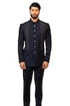 DESIGN O STITCH_Blue Suiting Textured Placement Bandhgala With Pant _at_Aza_Fashions