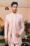 DESIGN O STITCH_Pink Cotton Silk Hand Embroidery Rosette Sherwani Pant Set _Online_at_Aza_Fashions