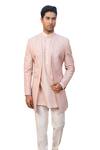 Shop_DESIGN O STITCH_Pink Cotton Silk Hand Embroidery Rosette Sherwani Pant Set _Online_at_Aza_Fashions