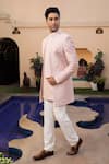 DESIGN O STITCH_Pink Cotton Silk Hand Embroidery Rosette Sherwani Pant Set _at_Aza_Fashions