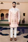 DESIGN O STITCH_Pink Soft Suiting Applique Horse Shivery Leather Bundi Kurta Set _Online_at_Aza_Fashions