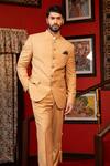 Buy_DESIGN O STITCH_Beige Suiting Embellished Lion Face Buttons Bandhgala With Pant _at_Aza_Fashions