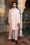 Buy_DESIGN O STITCH_Pink Brocade Hand Embroidered Thread Sherwani Set _at_Aza_Fashions