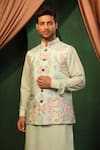 Buy_DESIGN O STITCH_Sky Blue Silk Embroidered Beads. Solid Kurta Set With Digital Print Bundi _Online_at_Aza_Fashions