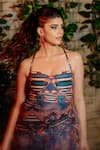 Buy_Saaksha & Kinni_Blue Satin Printed Ikat Sweetheart Dolly Side-draped Dress 