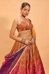 Cedar & Pine_Yellow Brocade Embroidered Lace V Neck Ombre Lehenga Set _at_Aza_Fashions