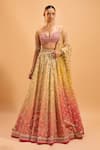 Buy_Cedar & Pine_Gold Tulle Embroidered Thread Sweetheart Ombre Lehenga Set _at_Aza_Fashions