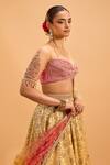 Shop_Cedar & Pine_Gold Tulle Embroidered Thread Sweetheart Ombre Lehenga Set _Online_at_Aza_Fashions