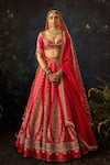 Buy_Cedar & Pine_Red Raw Silk Embroidered Floral Sweetheart Bridal Lehenga Set _at_Aza_Fashions