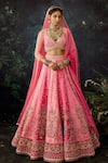 Buy_Cedar & Pine_Pink Raw Silk Embroidered Sequin Leaf Floral Panelled Bridal Lehenga Set _at_Aza_Fashions