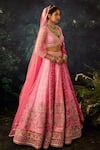 Buy_Cedar & Pine_Pink Raw Silk Embroidered Sequin Leaf Floral Panelled Bridal Lehenga Set _Online_at_Aza_Fashions