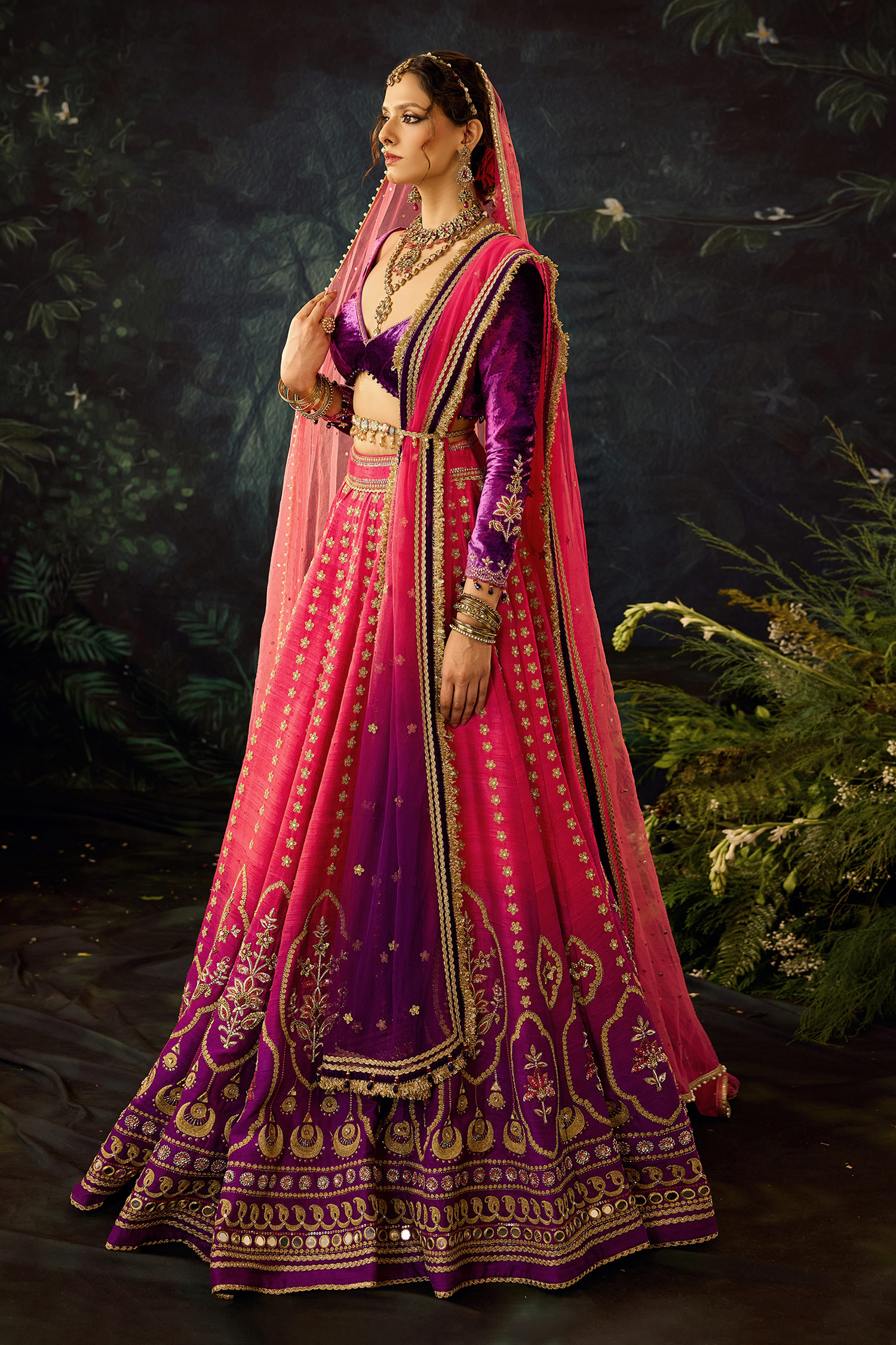 Shop_Cedar & Pine_Pink Raw Silk Embroidered Floral Leaf Shaded Lehenga Set _Online_at_Aza_Fashions