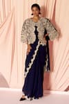 Pankaj & Nidhi_Blue Tulle And Silk Georgette Embellished Floral Lace Charisma Cape With Saree _Online_at_Aza_Fashions