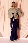 Buy_Pankaj & Nidhi_Blue Tulle And Silk Georgette Embellished Floral Lace Charisma Cape With Saree _at_Aza_Fashions