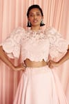 Shop_Pankaj & Nidhi_Pink Tulle And Silk Organza Embellished Floral High Charisma Top With Skirt _Online_at_Aza_Fashions